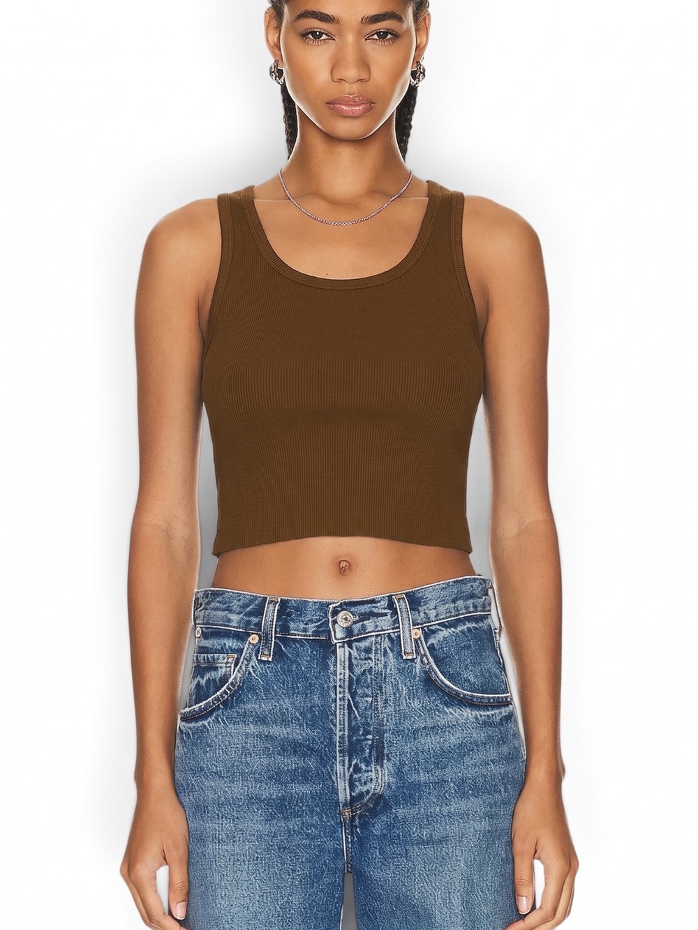Eterne Cotton Ribbed Cropped Tank Top Brown Size Small